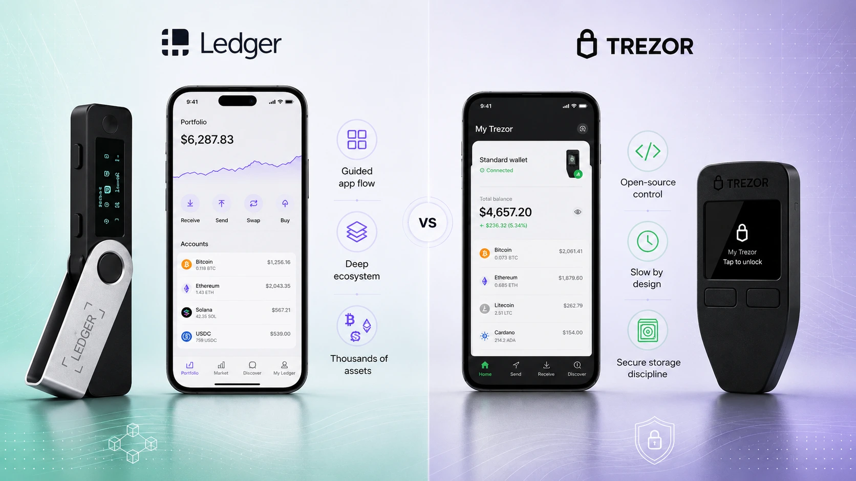 Ledger vs Trezor beginner comparison visual