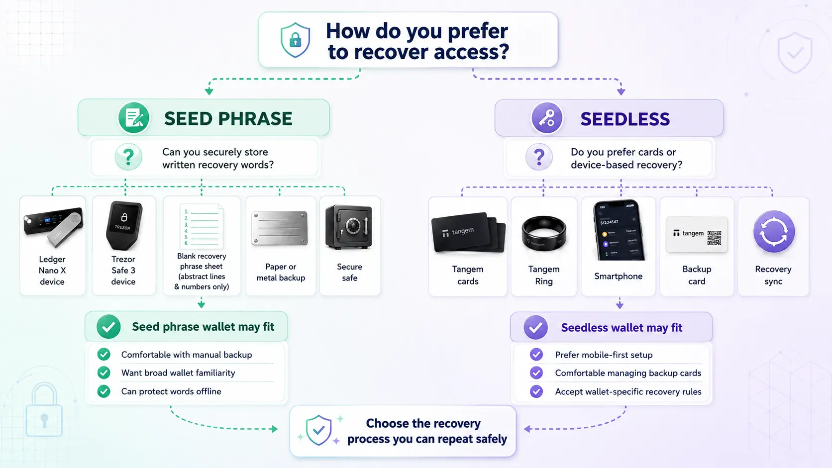Decision flow for choosing a seed phrase or seedless wallet