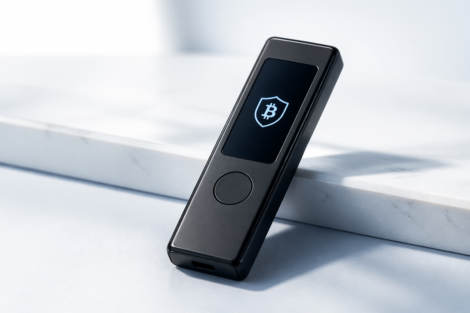 Bitcoin cold wallet supporting device image near quiz call to action