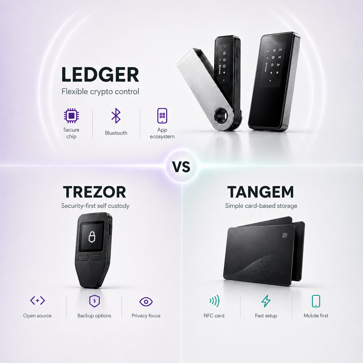 Ledger, Trezor, and Tangem hardware wallet comparison