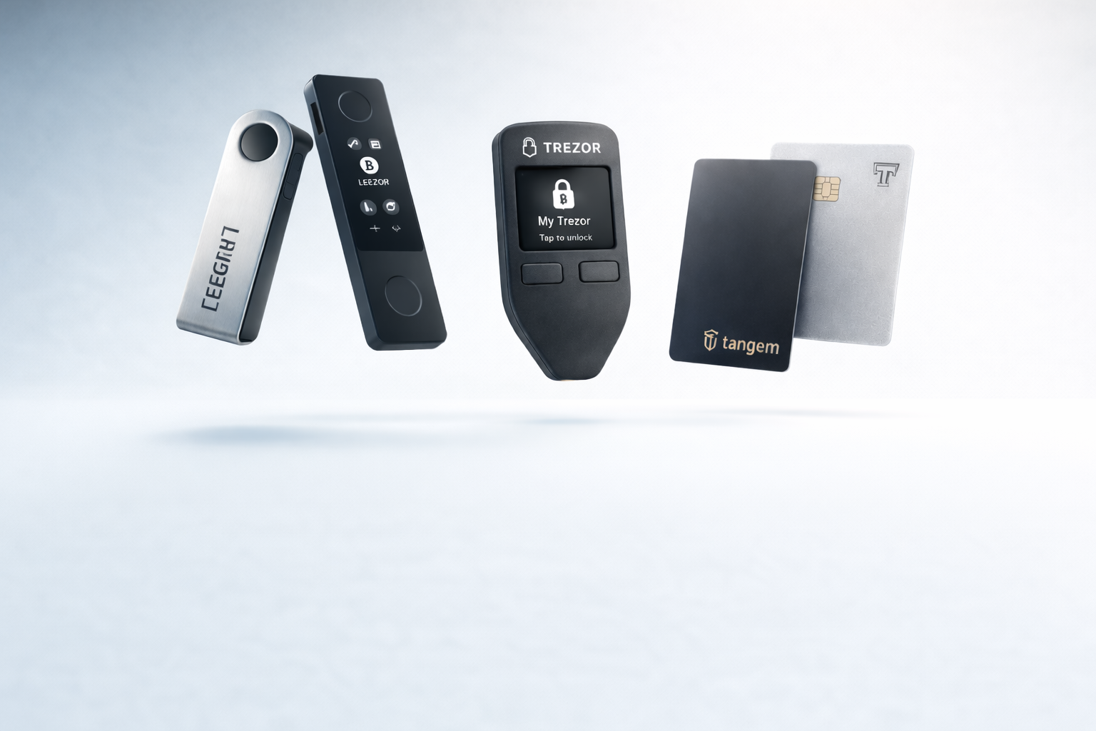 Hardware and card-style crypto wallets displayed as a hero image