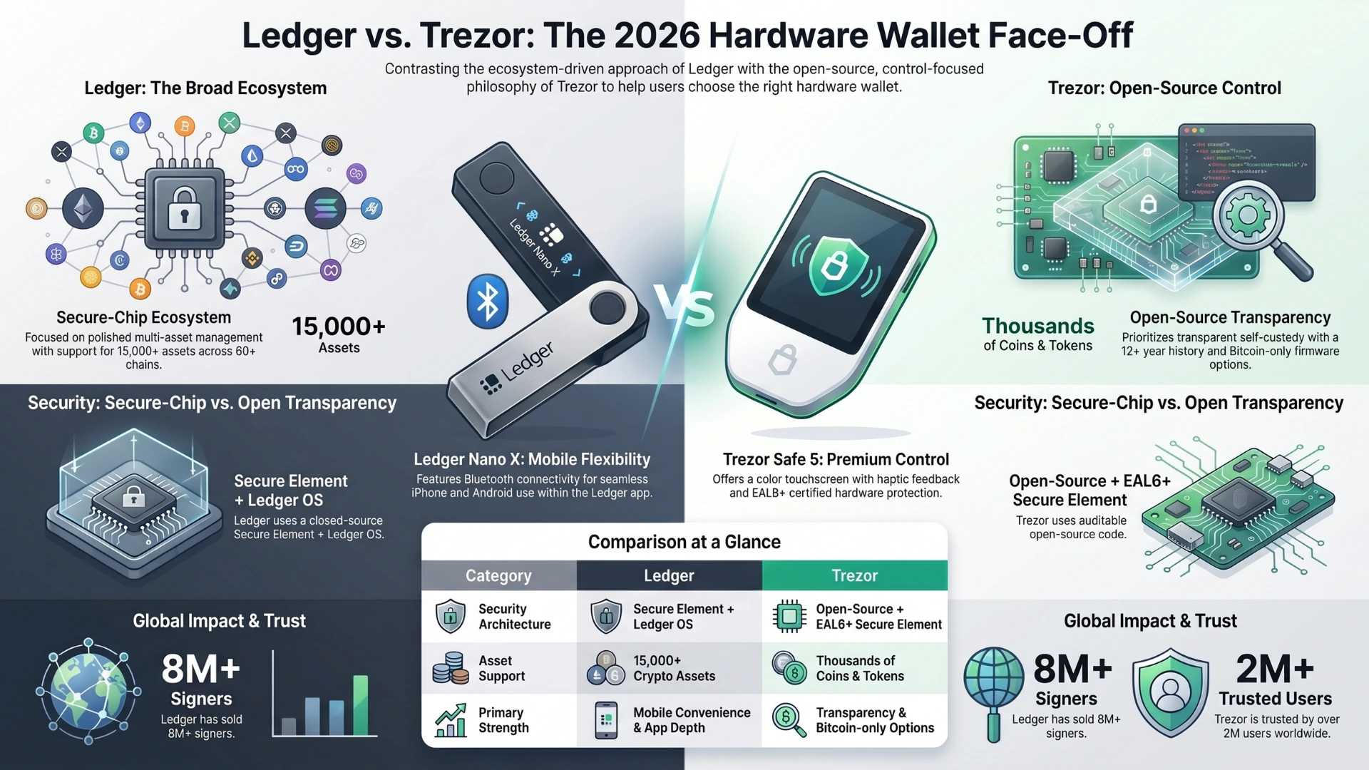 Ledger vs Trezor infographic comparing hardware wallet features