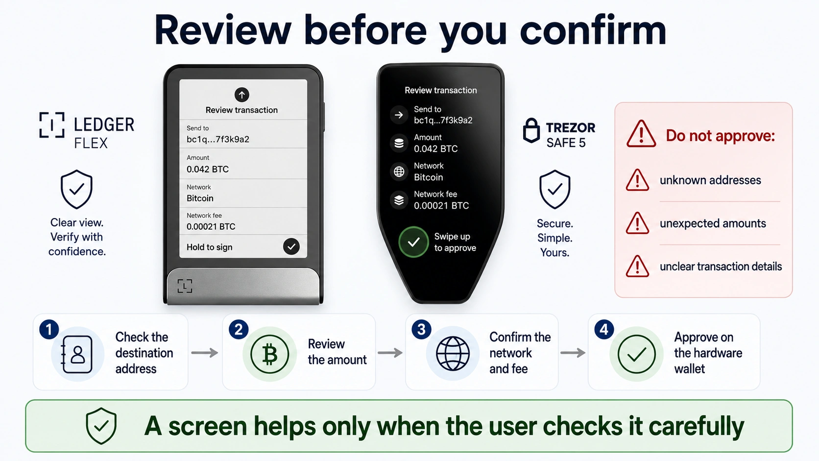 On-device transaction confirmation using a screen hardware wallet